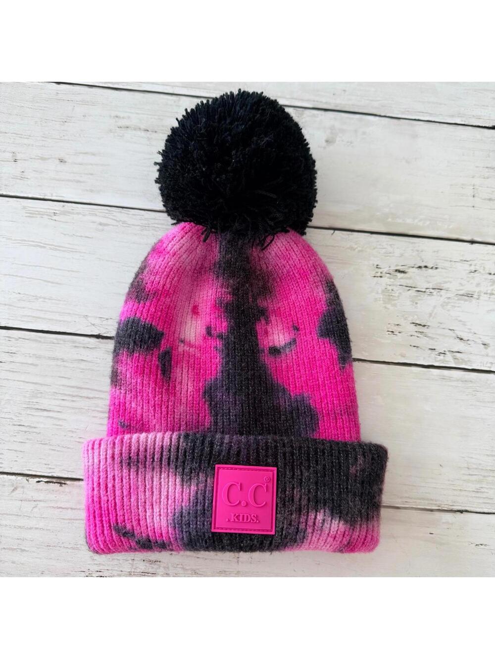C.C Kids Pink Black Tie Dye Pom Beanie Winter Hat Soft Stretch Knit